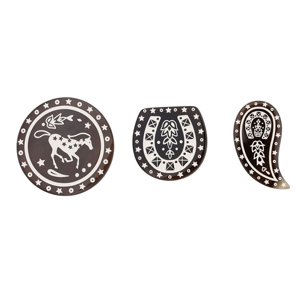 Hermes Pin Badge 3 Point Set Cheval de Cour Buffalo Horn