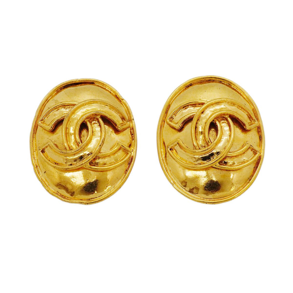 Chanel Earrings Vintage CC Logo Oval Gold Plated