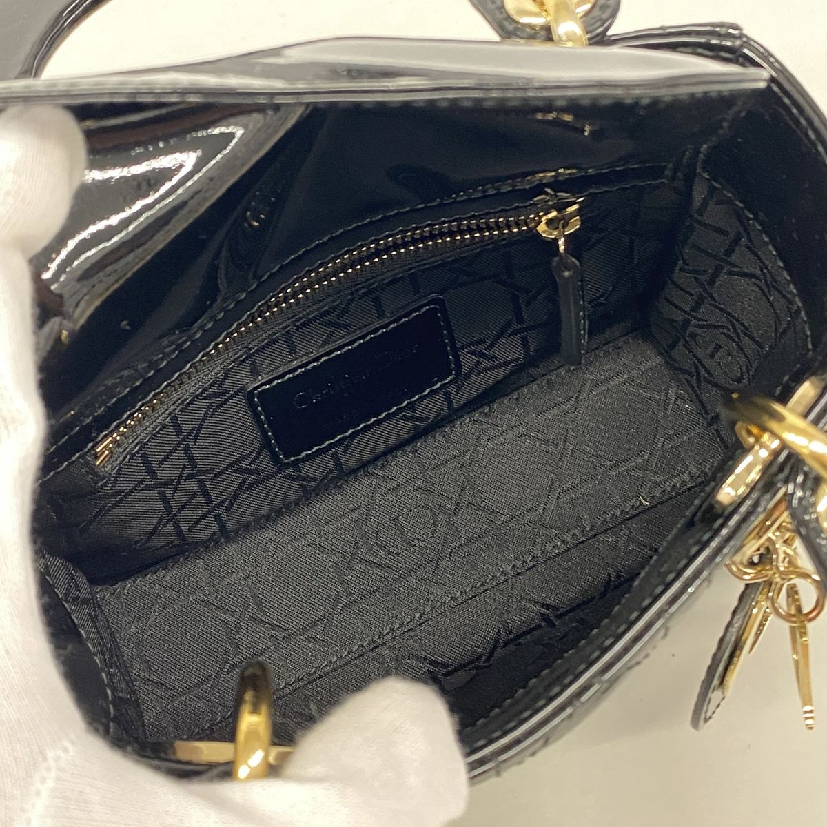 Dior Handbag Cannage Lady Patent Black Gold 2-Way Bag — view 4