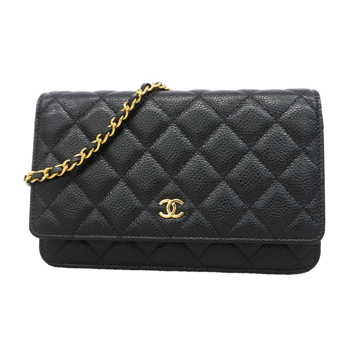 Chanel Wallet on Chain Quilted Caviar Leather Black Gold Shoulder Bag