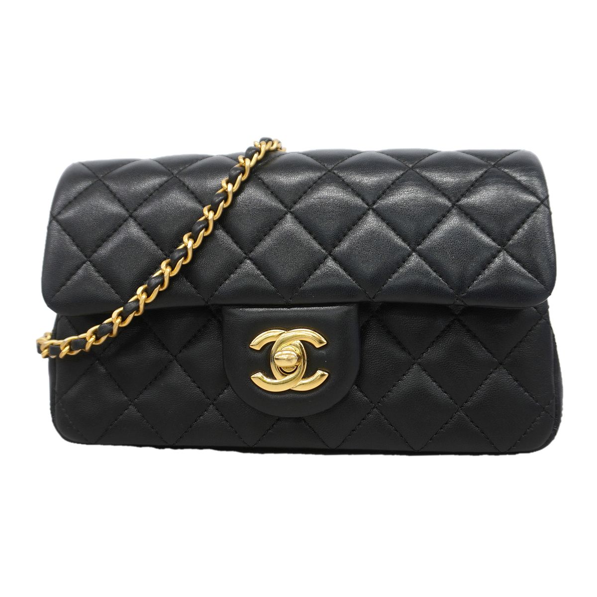 Chanel Shoulder Bag Mini Quilted Lambskin Black Gold