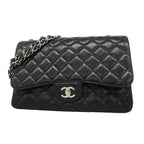 Chanel Shoulder Bag Maxi Quilted Caviar Leather Black Silver