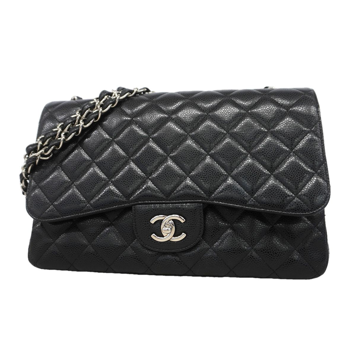 Chanel Shoulder Bag Maxi Quilted Caviar Leather Black Silver