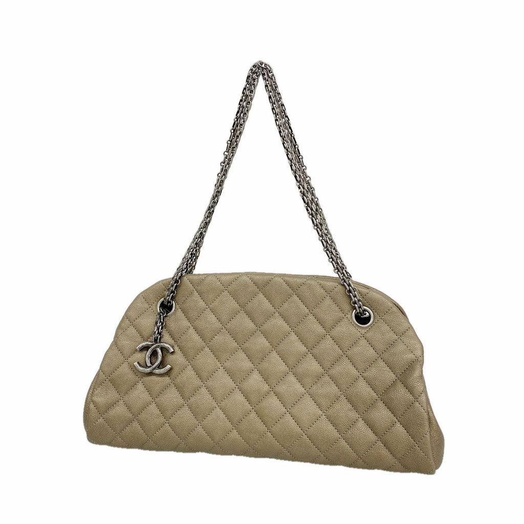 Chanel Shoulder Bag Quilted Leather Khaki Silver