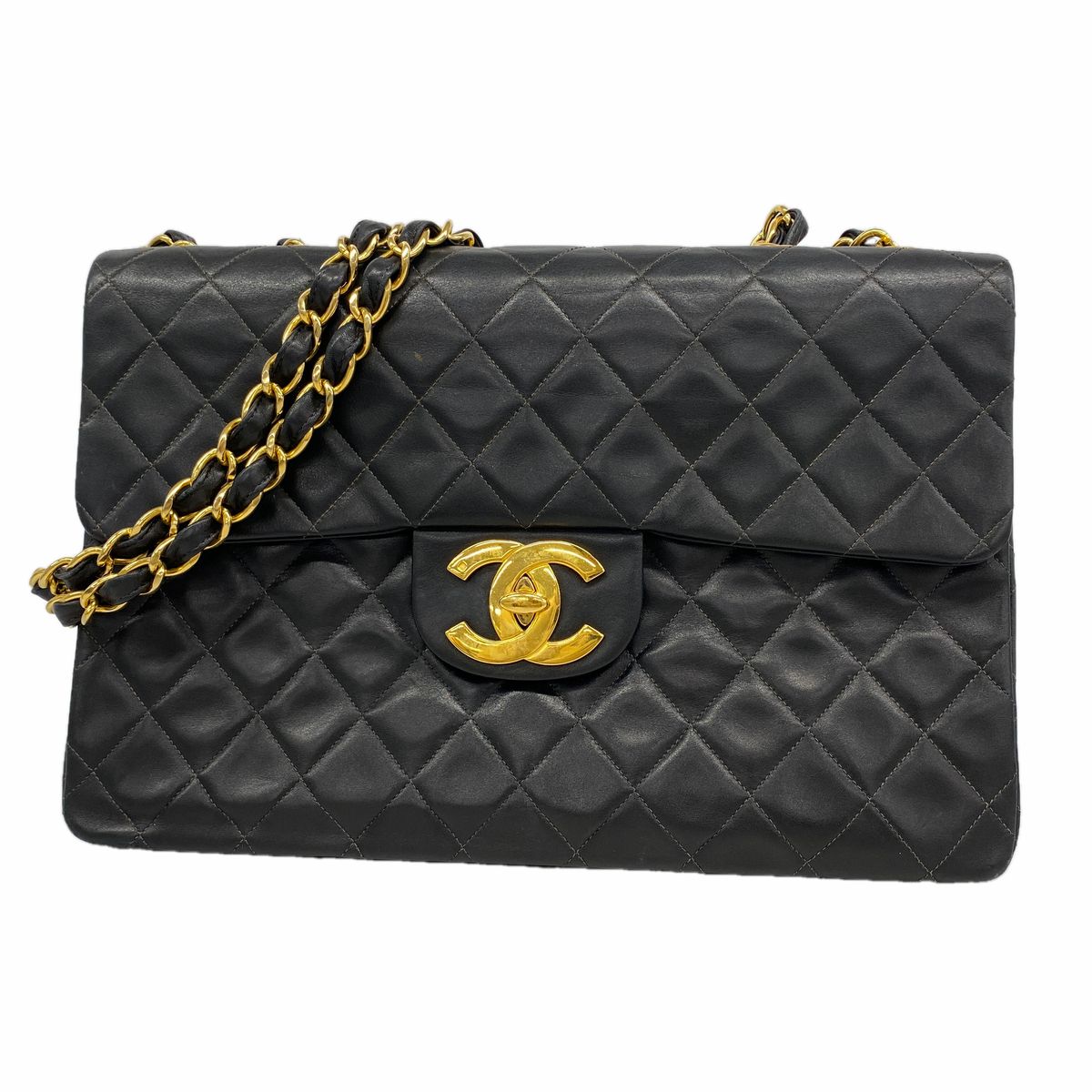 Chanel Shoulder Bag Maxi Quilted Lambskin Black Gold