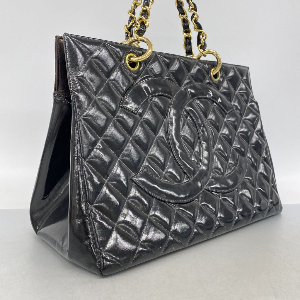 Chanel Chain Tote Bag Quilted Patent Leather Black Gold — view 2
