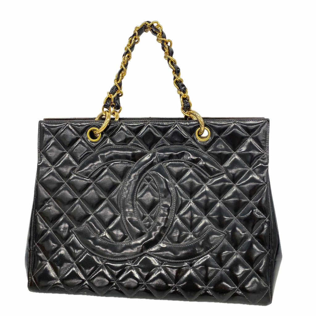 Chanel Chain Tote Bag Quilted Patent Leather Black Gold