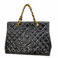 Chanel Chain Tote Bag Quilted Patent Leather Black Gold