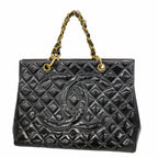 Chanel Chain Tote Bag Quilted Patent Leather Black Gold