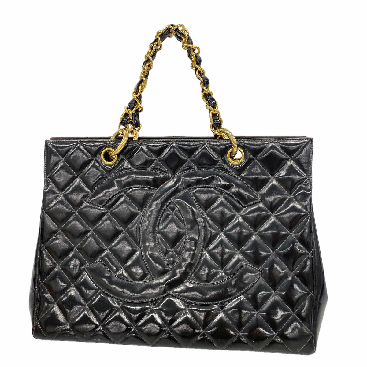 Chanel Chain Tote Bag Quilted Patent Leather Black Gold