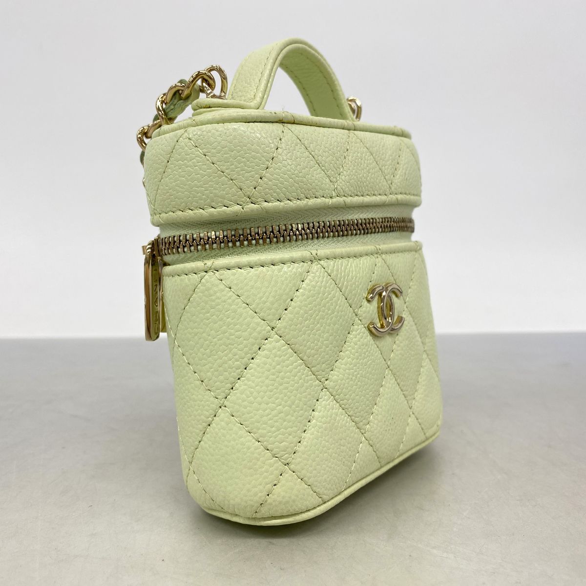 Chanel Shoulder Bag Quilted Caviar Leather Light Green Champagne Gold — view 2