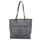 Chanel Chain Tote Bag Deauville Raffia Gray Champagne Gold