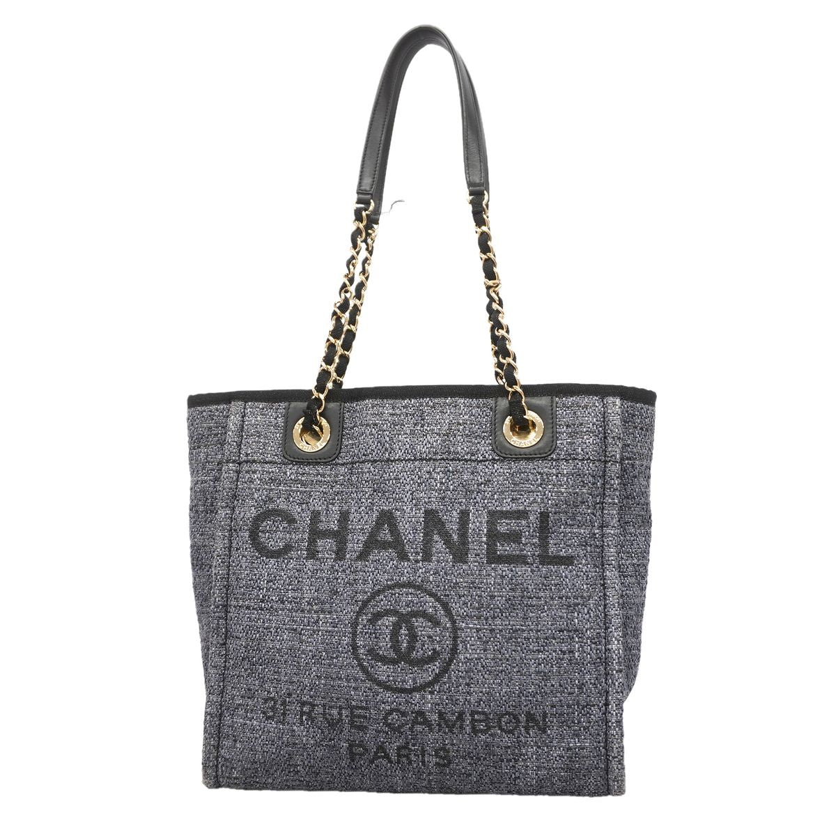 Chanel Chain Tote Bag Deauville Raffia Gray Champagne Gold