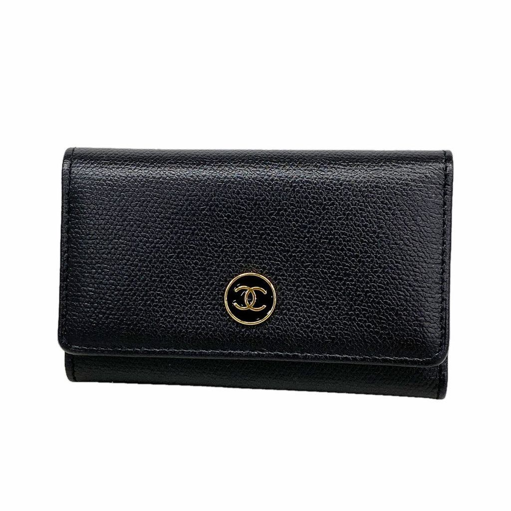 Chanel Key Case Coco Buttons Leather Black Gold Key Holder