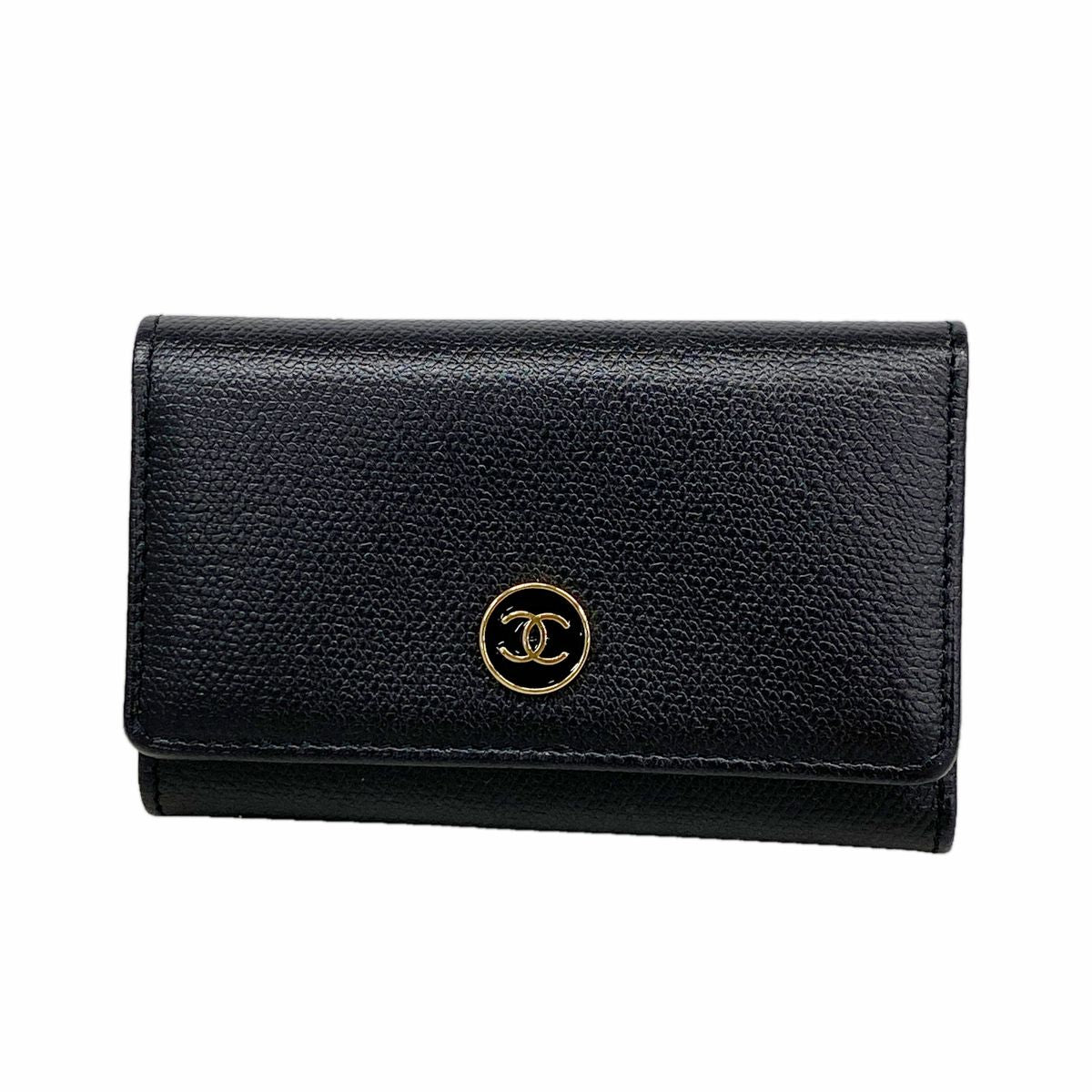 Chanel Key Case Coco Buttons Leather Black Gold Key Holder