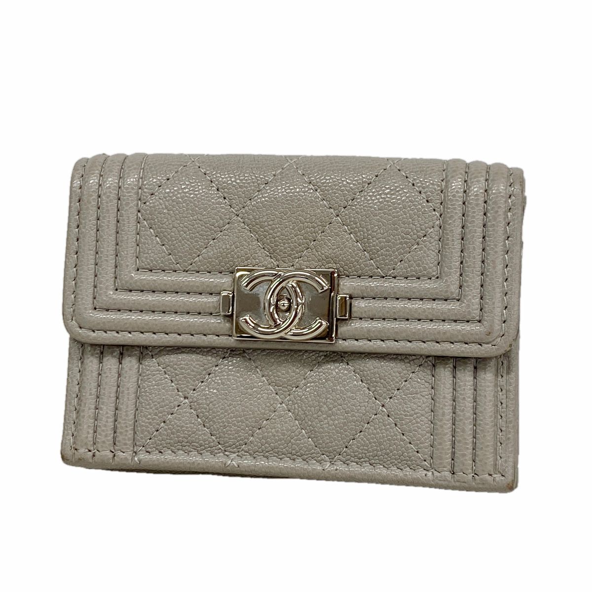 Chanel Trifold Wallet Boy Caviar Leather Gray Silver