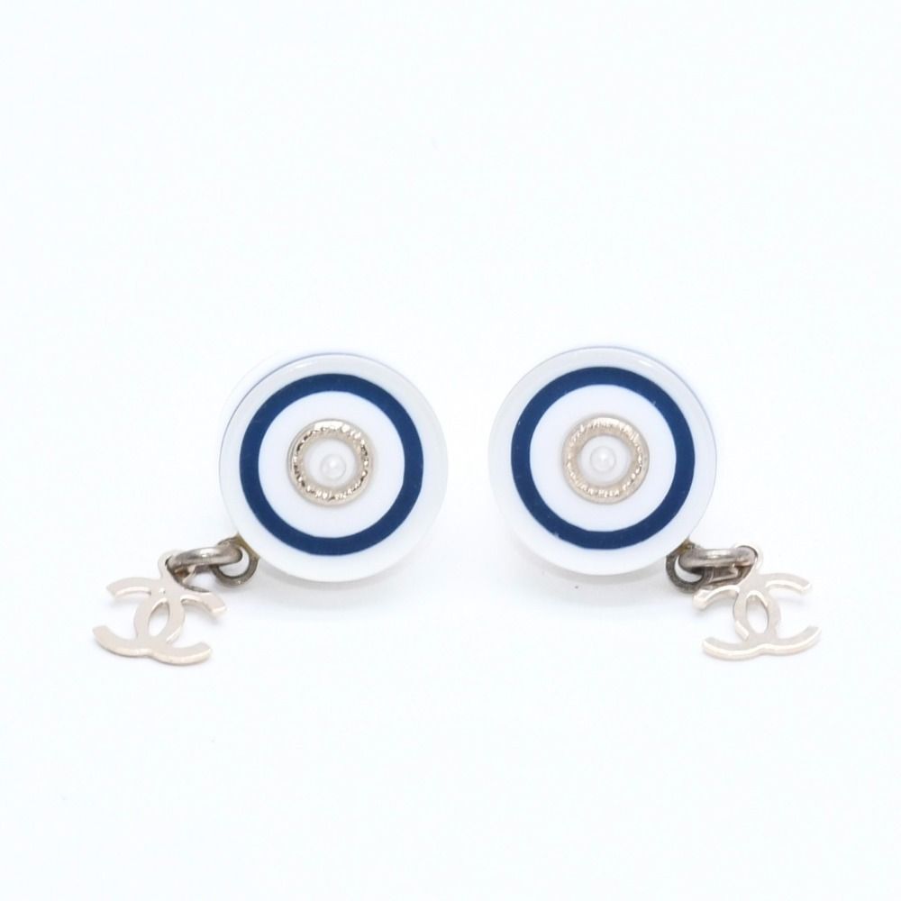 Chanel CC Logo Stud Earrings 05C Stamp Resin Metal White Gold