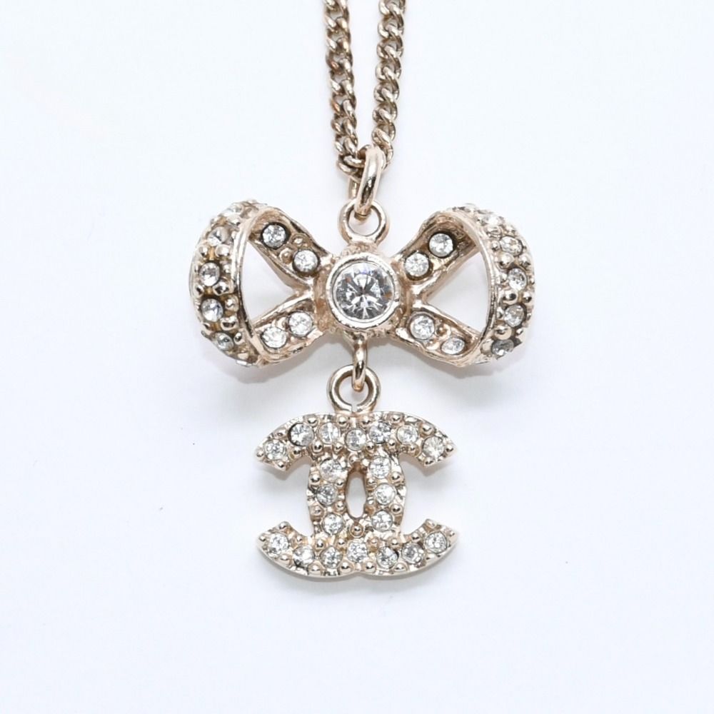 Chanel CC Logo Ribbon Necklace 11P Stamp Metal Rhinestone 42 — view 2