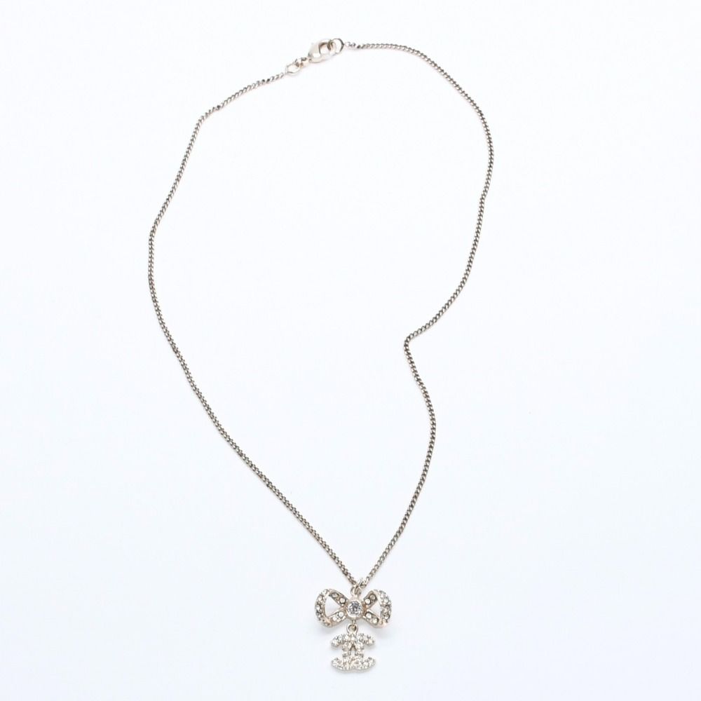 Chanel CC Logo Ribbon Necklace 11P Stamp Metal Rhinestone 42