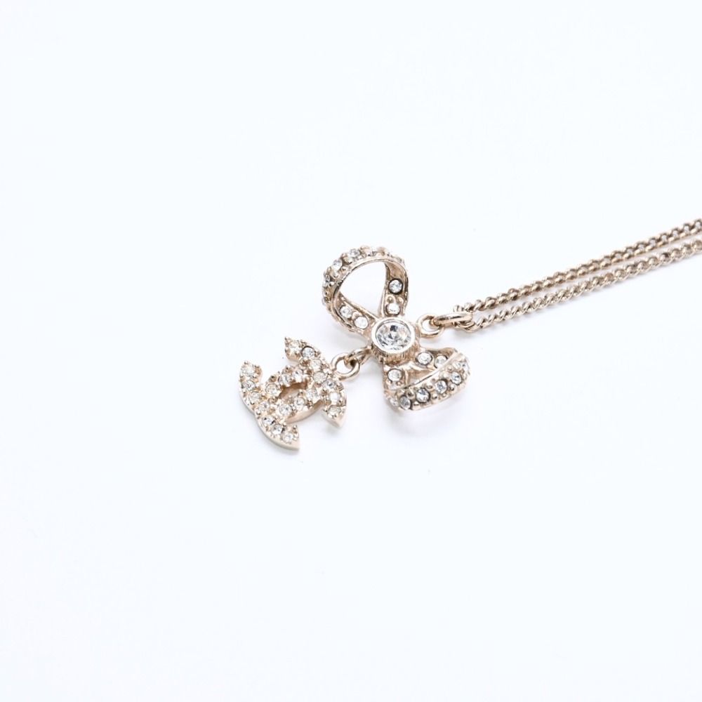 Chanel CC Logo Ribbon Necklace 11P Stamp Metal Rhinestone 42 — view 3