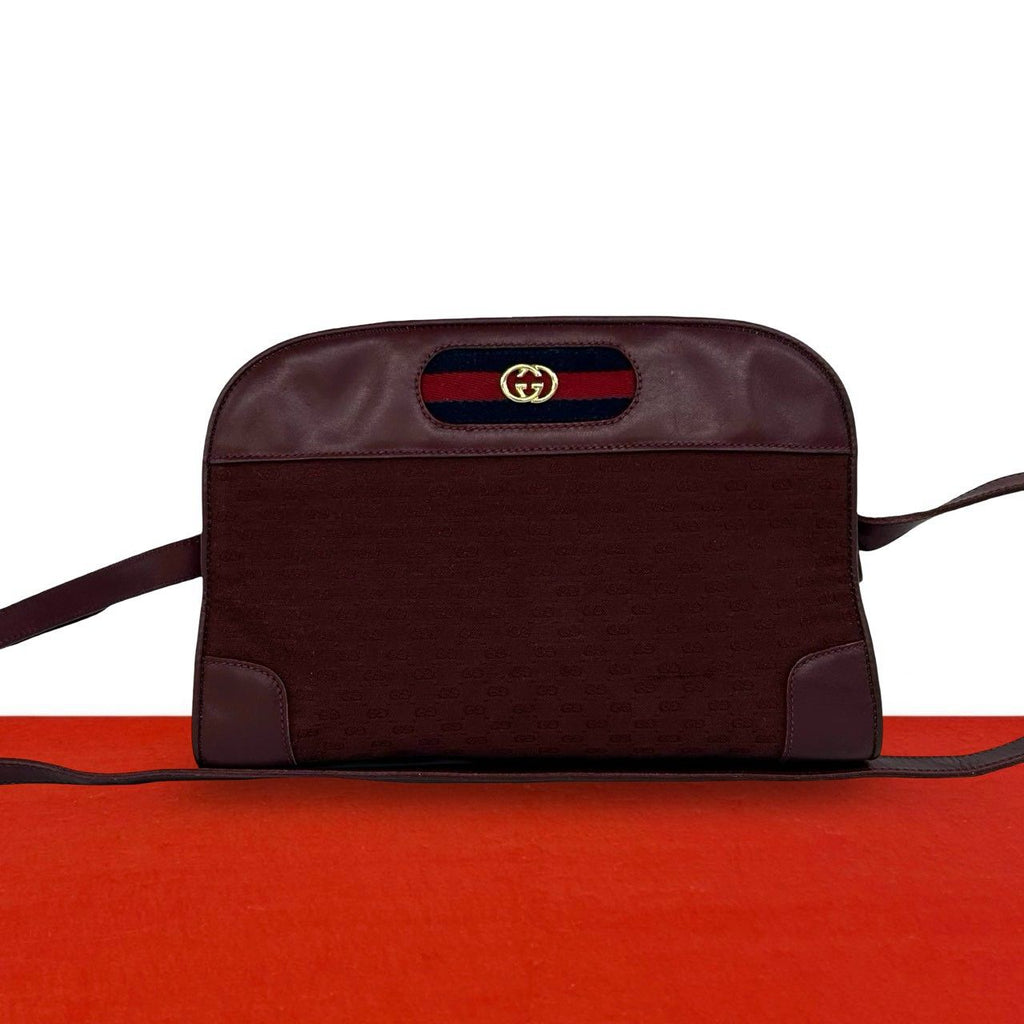 Gucci Vintage Sherry Line Micro GG Logo Canvas Leather Shoulder Bag Wine Red
