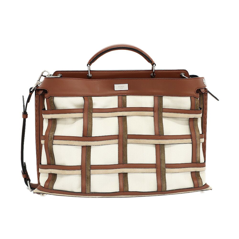 Fendi Peekaboo Iconic Essential 2-Way Shoulder Bag Brown Silver Canvas Leather