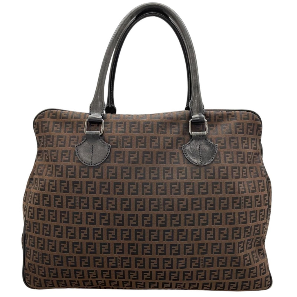Fendi Zucchino Leather Canvas Brown Black Handbag Silver