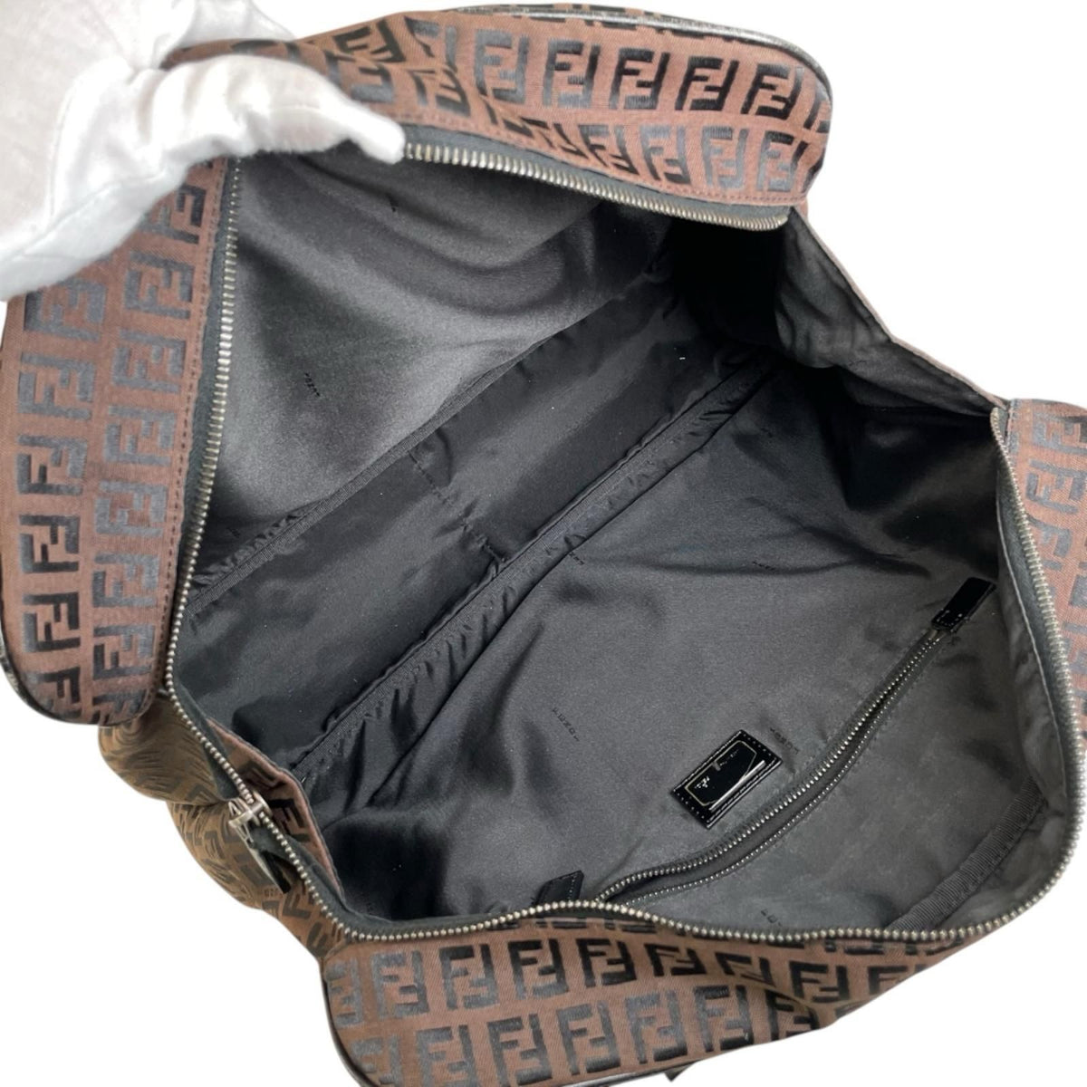 Fendi Zucchino Leather Canvas Brown Black Handbag Silver — view 8