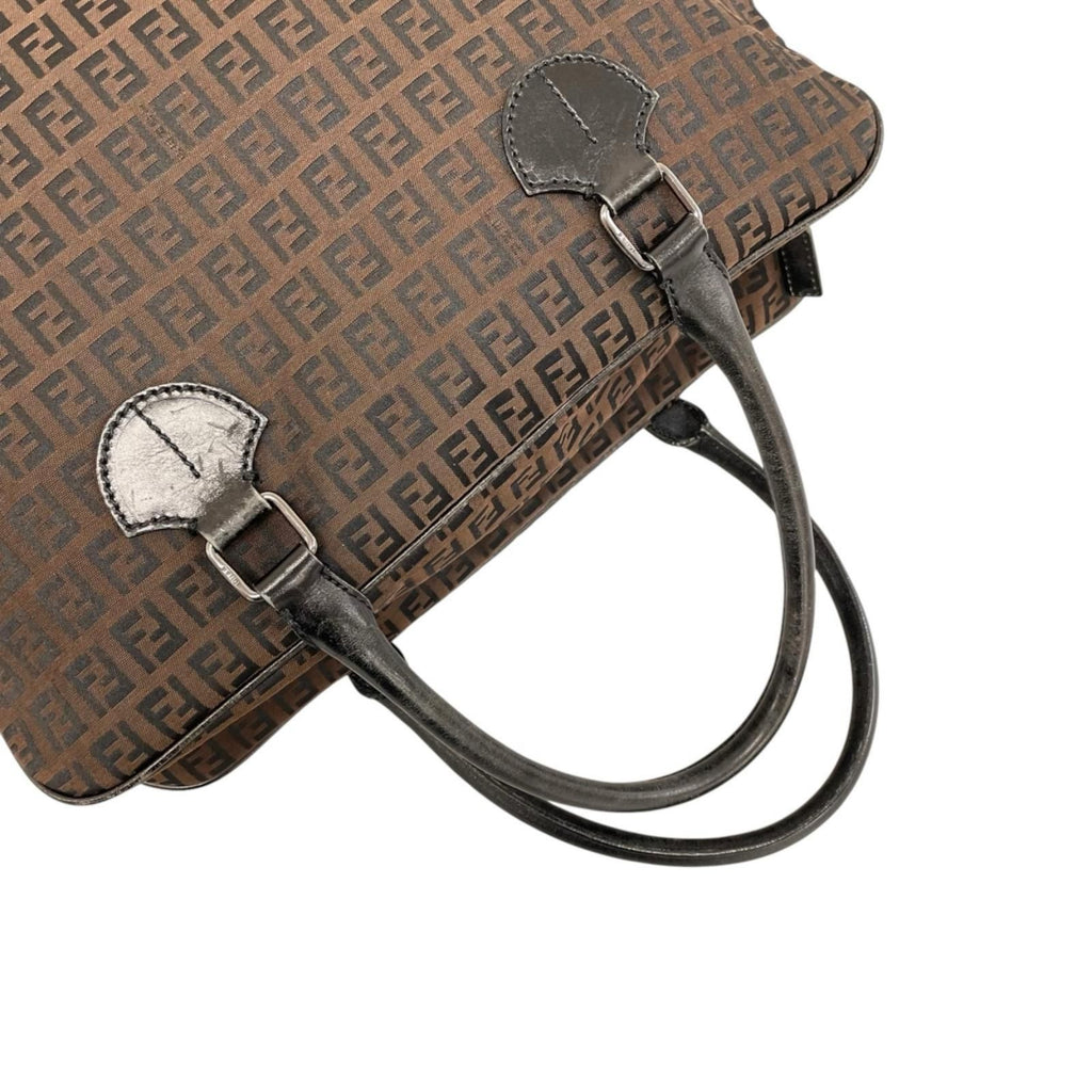 Fendi Zucchino Leather Canvas Brown Black Handbag Silver — view 5