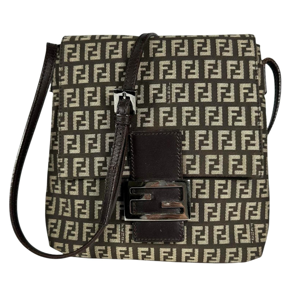 Fendi Zucchino Leather Canvas Brown Shoulder Bag Silver