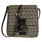 Fendi Zucchino Leather Canvas Brown Shoulder Bag Silver