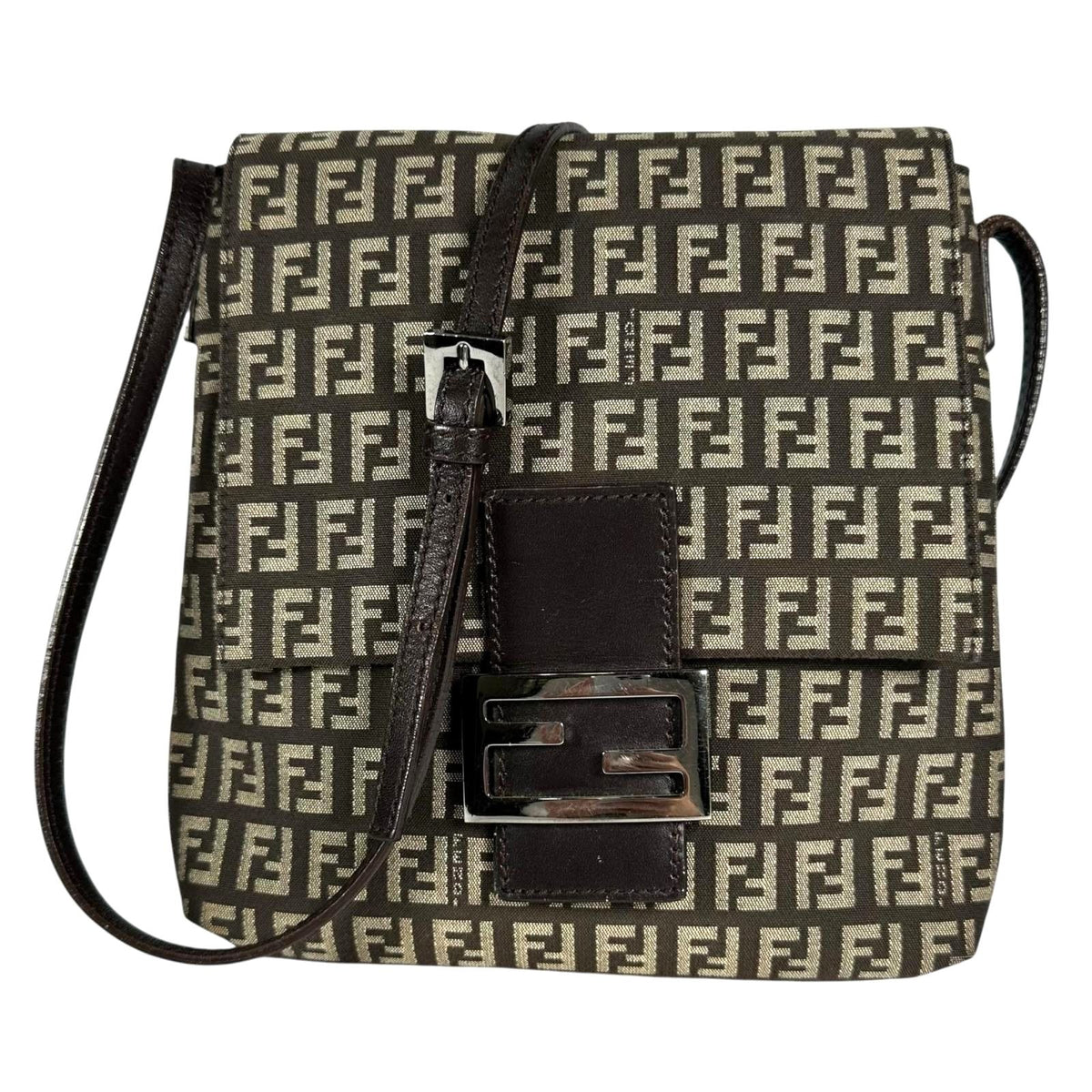 Fendi Zucchino Leather Canvas Brown Shoulder Bag Silver