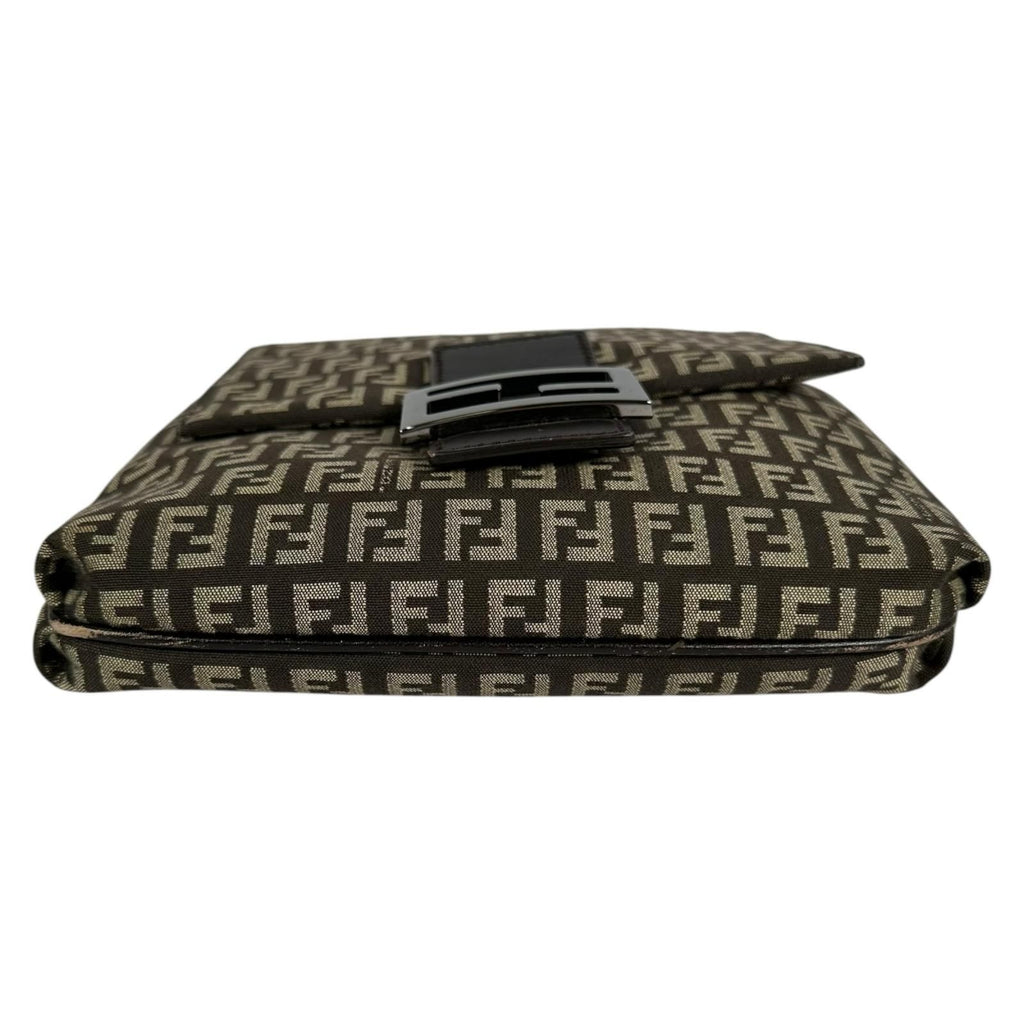 Fendi Zucchino Leather Canvas Brown Shoulder Bag Silver — view 2