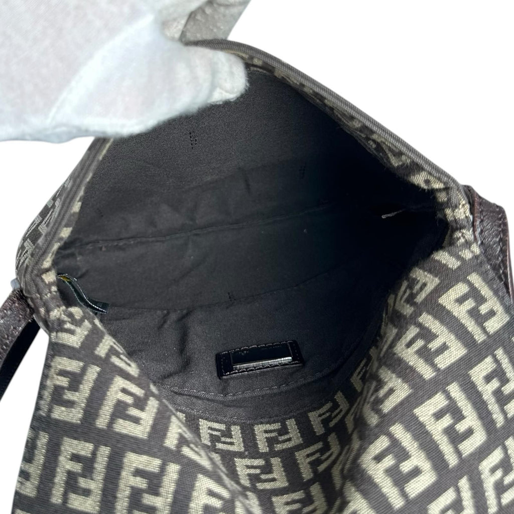 Fendi Zucchino Leather Canvas Brown Shoulder Bag Silver — view 5