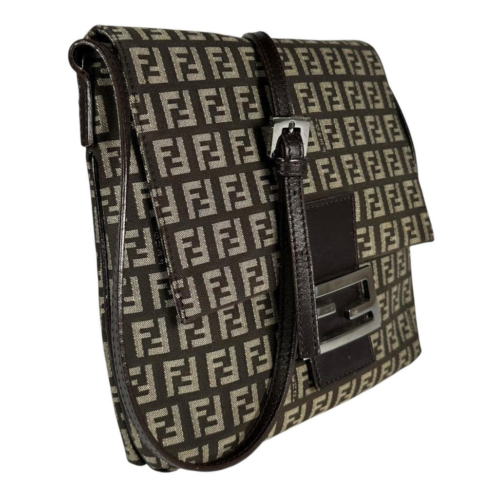Fendi Zucchino Leather Canvas Brown Shoulder Bag Silver — view 6