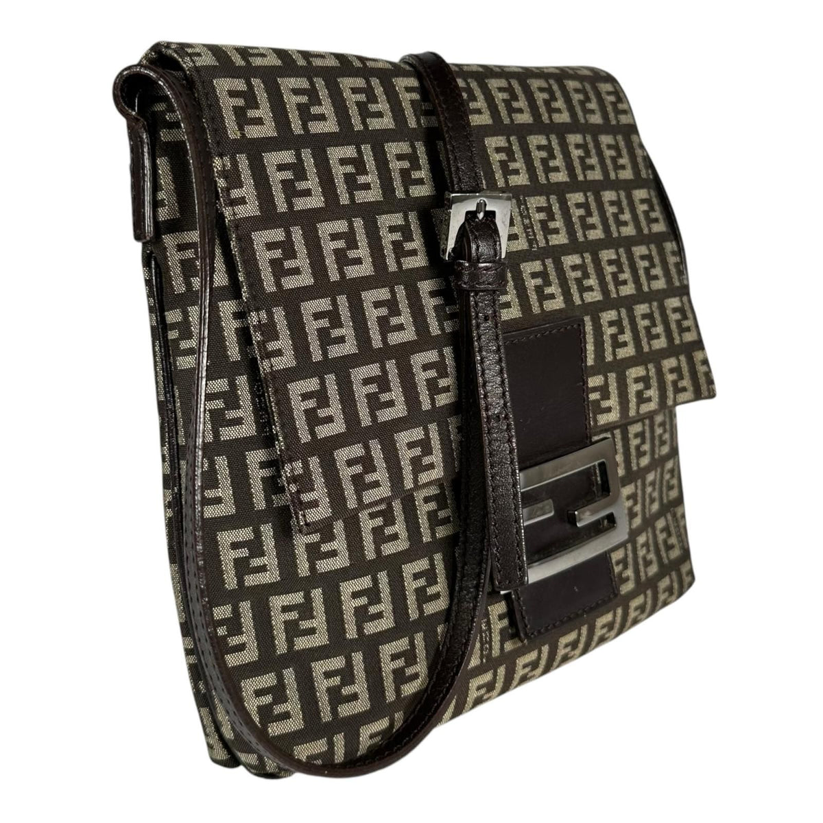 Fendi Zucchino Leather Canvas Brown Shoulder Bag Silver — view 6