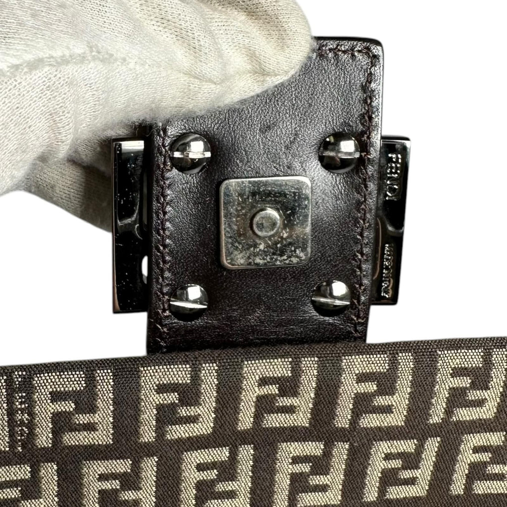 Fendi Zucchino Leather Canvas Brown Shoulder Bag Silver — view 7