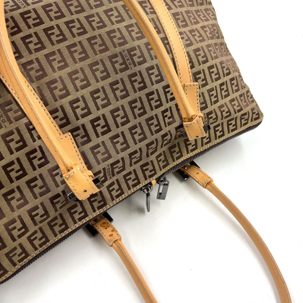 Fendi Zucchino Leather Canvas Brown Beige Handbag Black — view 7