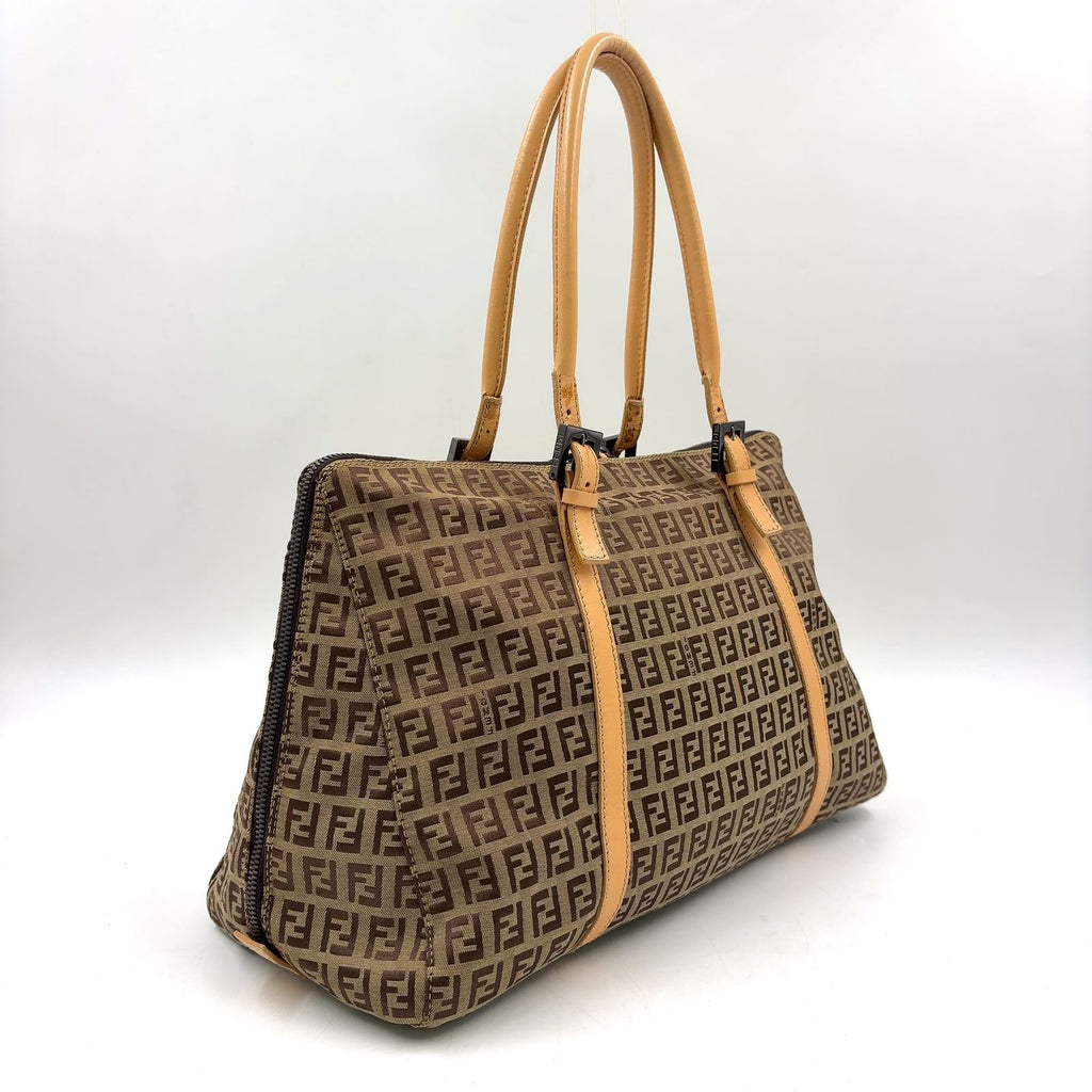 Fendi Zucchino Leather Canvas Brown Beige Handbag Black — view 2
