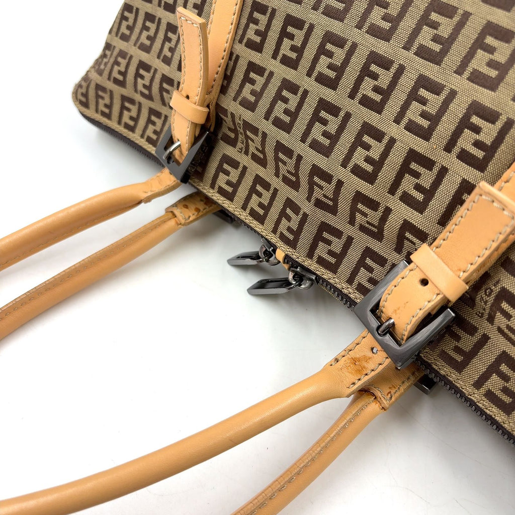 Fendi Zucchino Leather Canvas Brown Beige Handbag Black — view 6