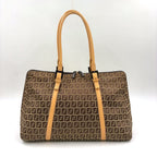 Fendi Zucchino Leather Canvas Brown Beige Handbag Black