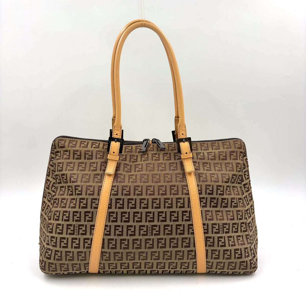 Fendi Zucchino Leather Canvas Brown Beige Handbag Black