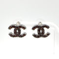 Chanel CC Logo Metal Rhinestone Black Red Earrings Silver