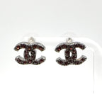Chanel CC Logo Metal Rhinestone Black Red Earrings Silver