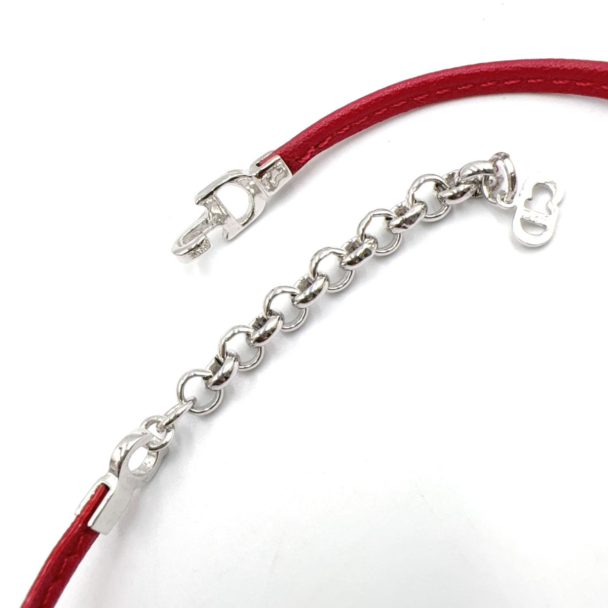 Dior CD Logo Ribbon Leather Metal Silver Red Choker Necklace — view 8