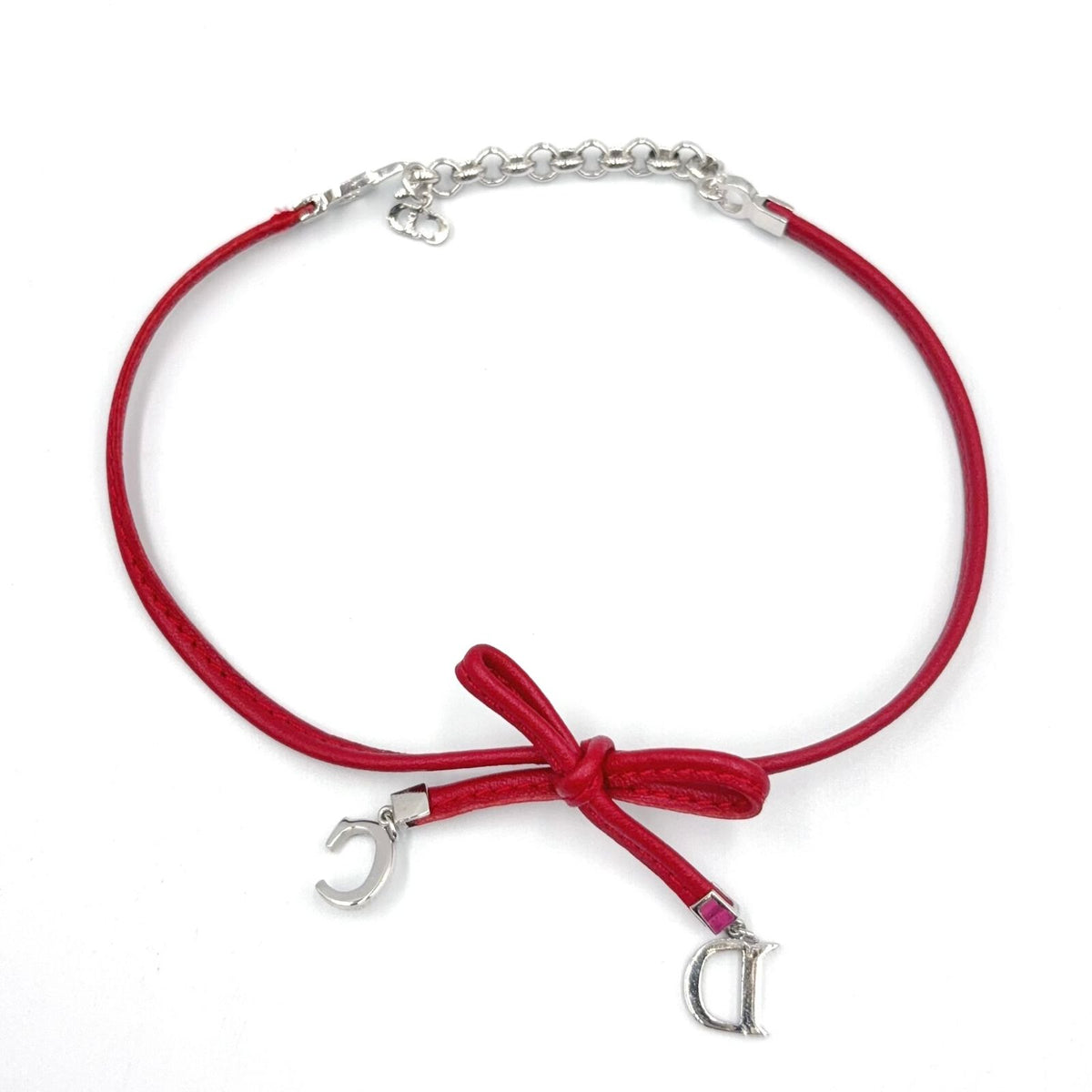 Dior CD Logo Ribbon Leather Metal Silver Red Choker Necklace — view 3