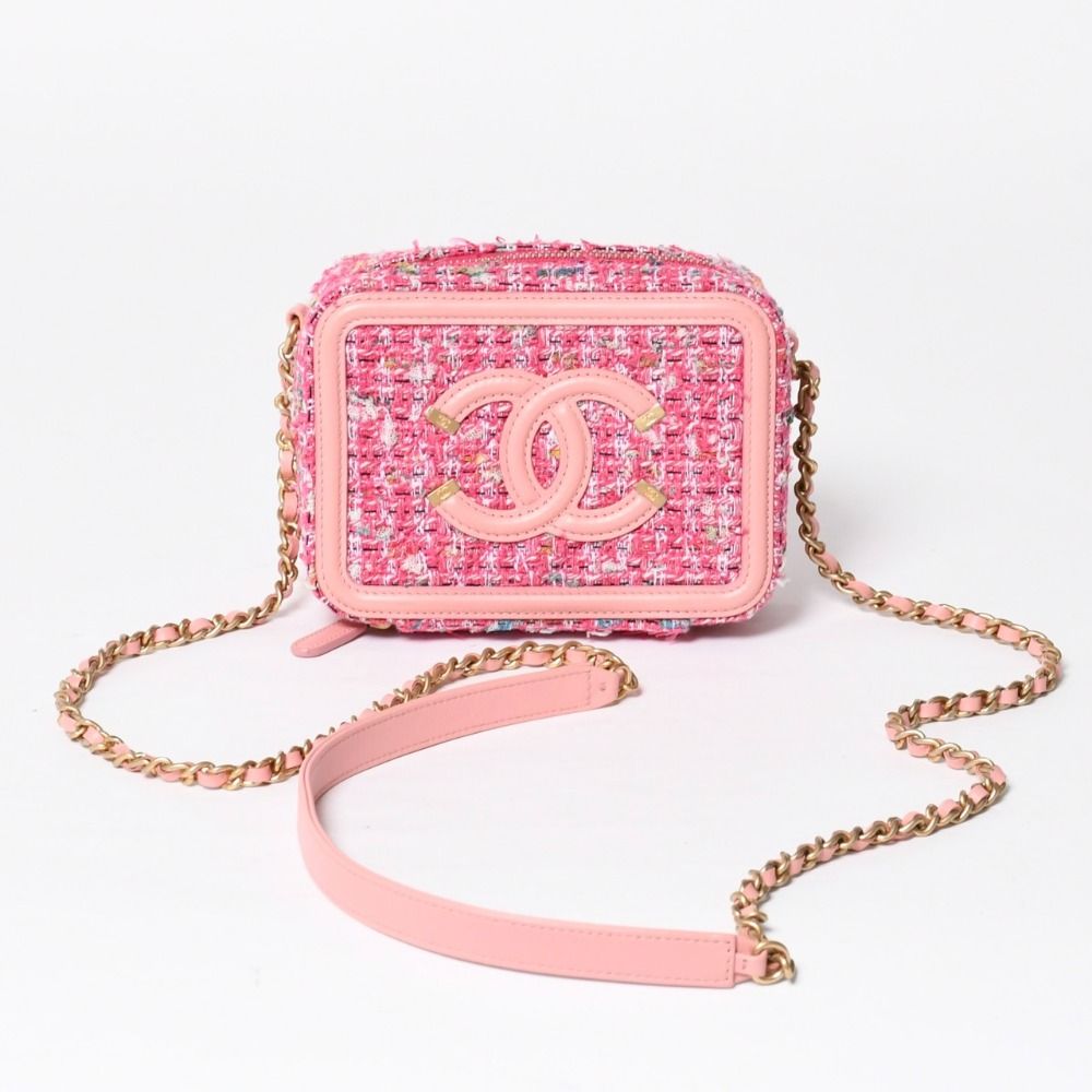 Chanel CC Filigree Small Vanity Shoulder Bag Tweed Pink Matte Gold
