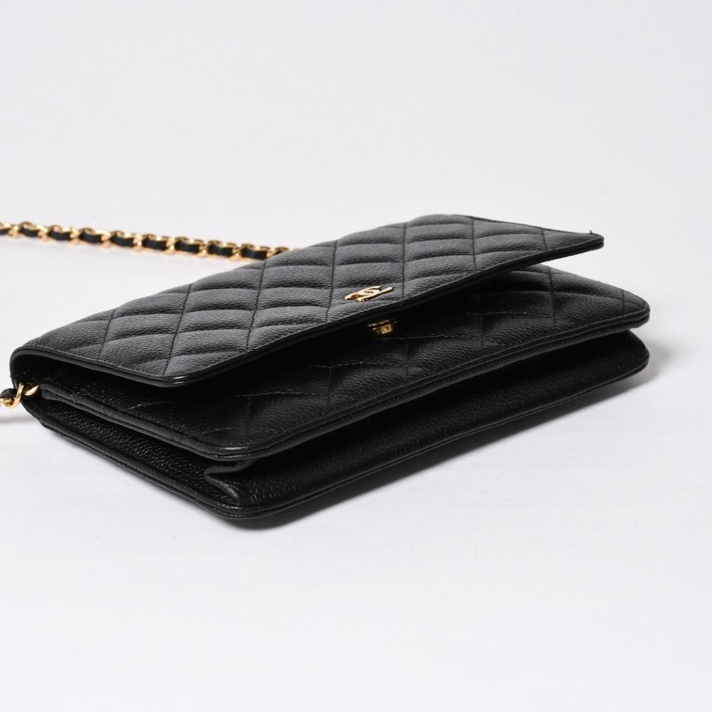 Chanel Chain Wallet CC Logo Caviar Leather Black Gold Shoulder Bag — view 8