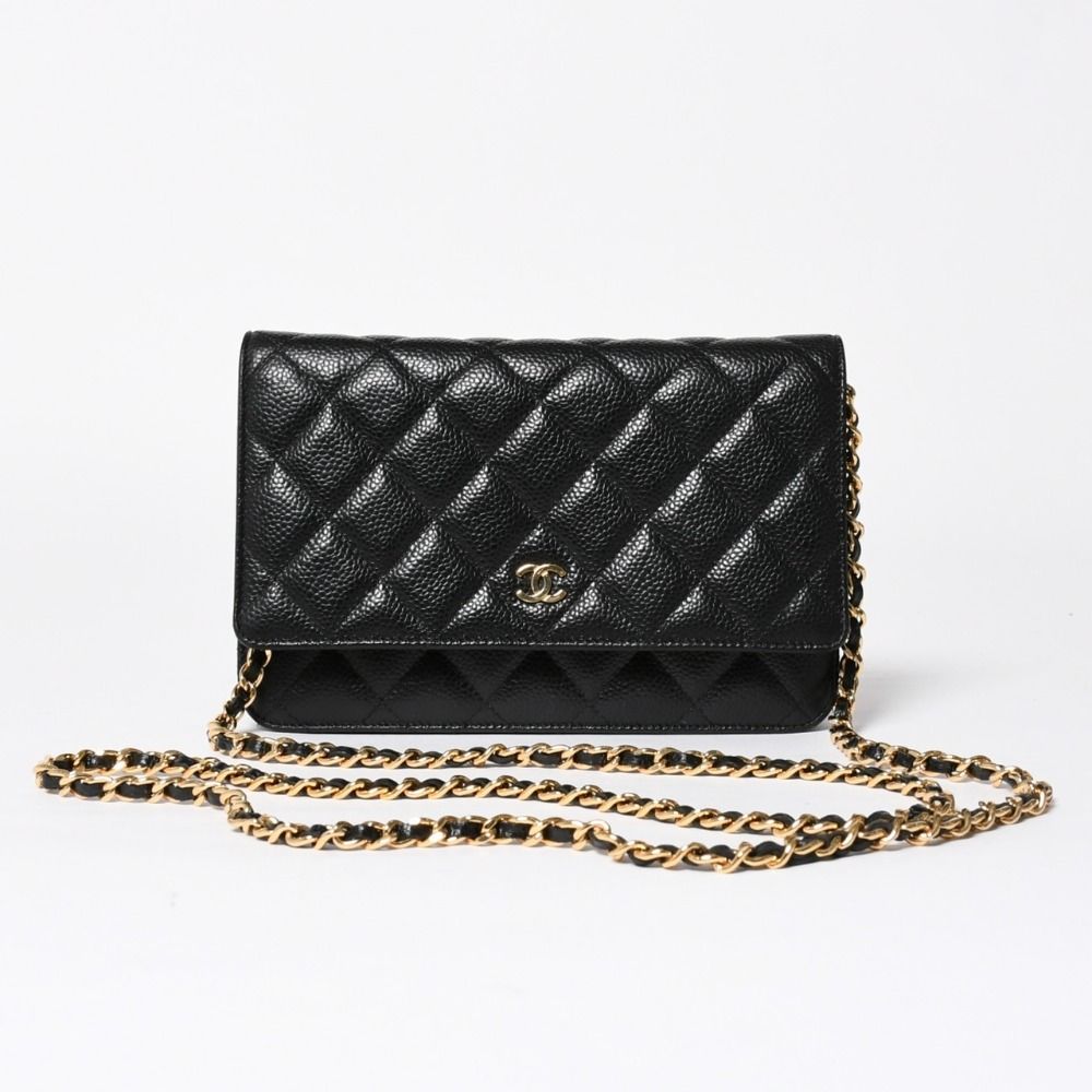 Chanel Chain Wallet CC Logo Caviar Leather Black Gold Shoulder Bag