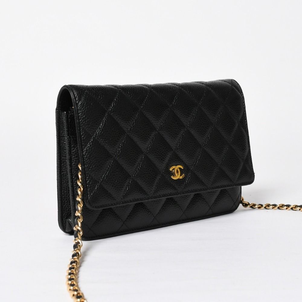Chanel Chain Wallet CC Logo Caviar Leather Black Gold Shoulder Bag — view 3